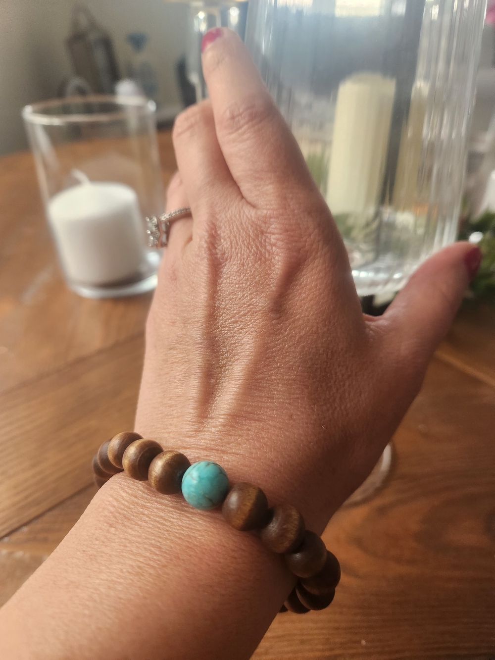 Turquoise Bead Wooden Stretch Bracelet - Unbranded